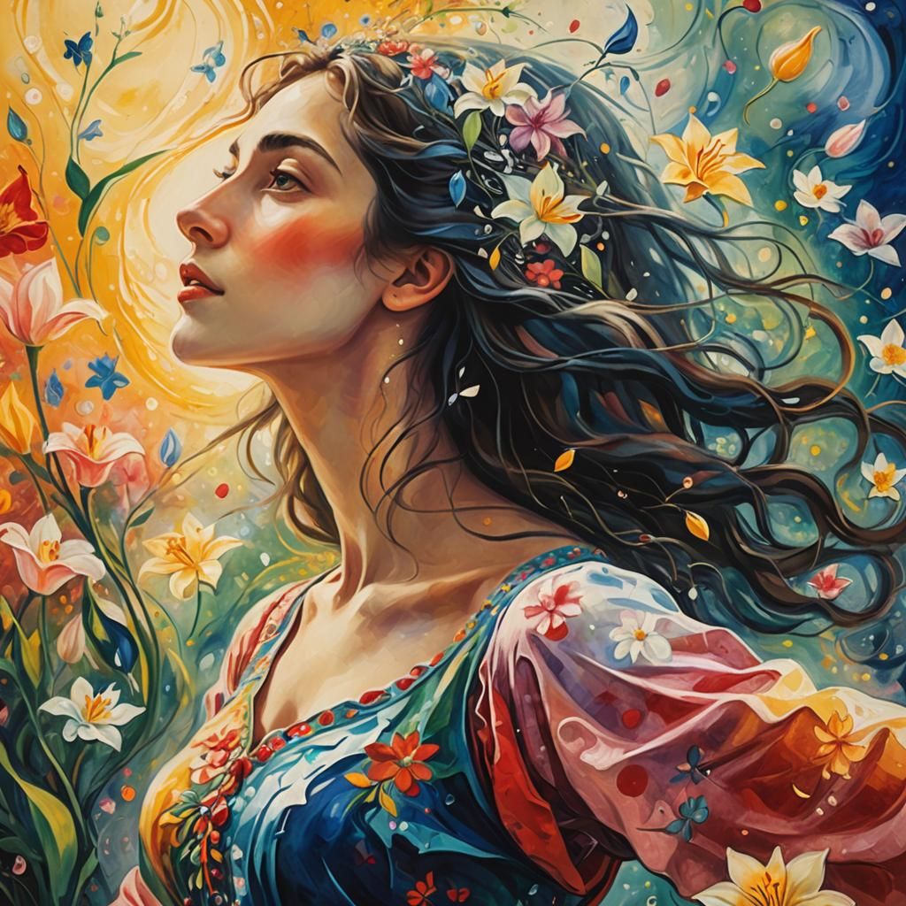 Surreal Girl with Lilies in Surrealist Style