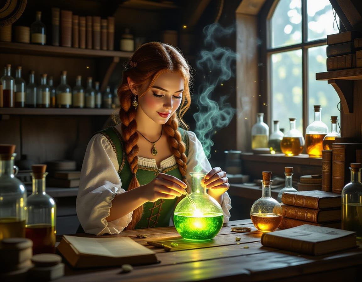 Alchemist Gnome Woman Crafting Potion in Lab