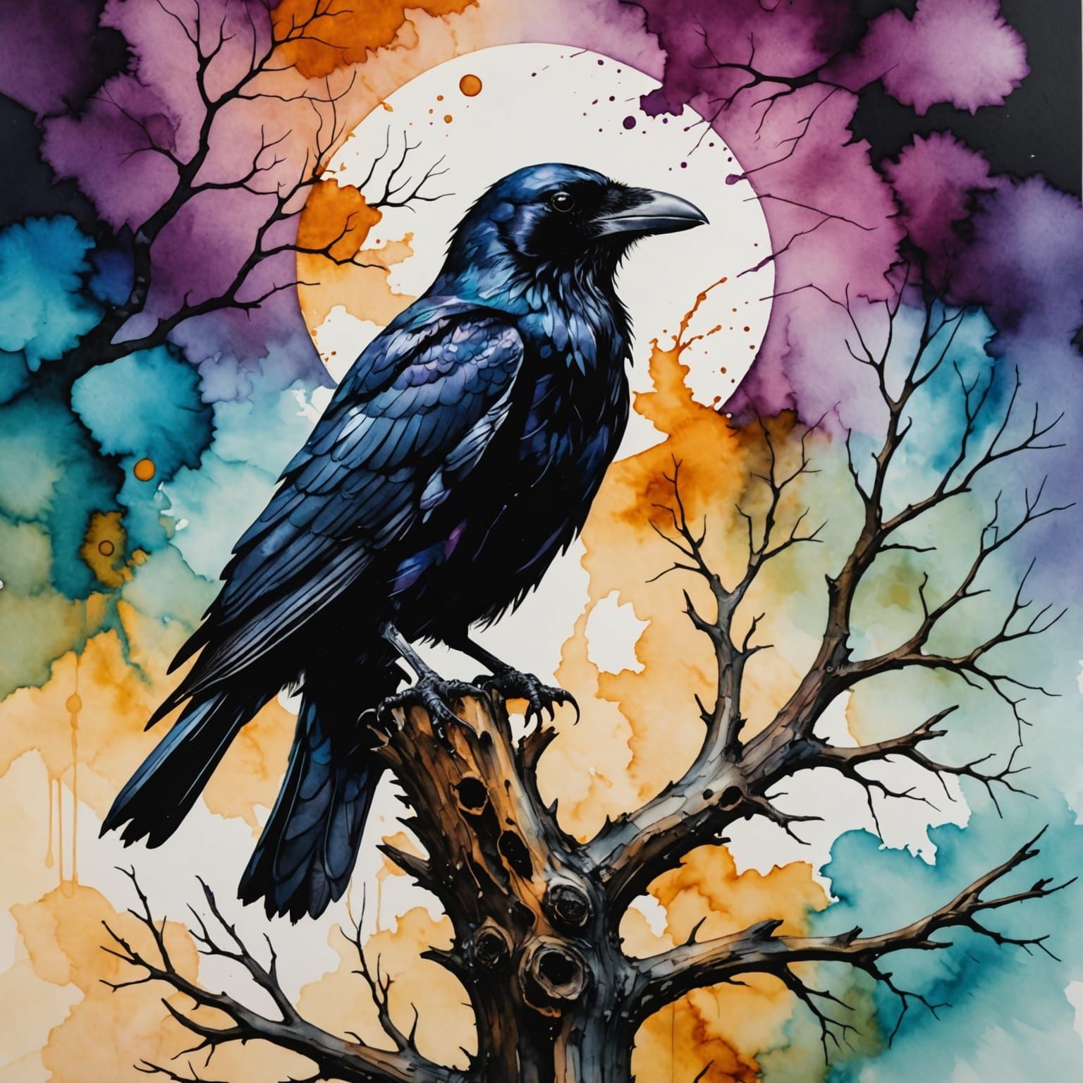 Raven Perched on Dead Tree in Dark, Moody Ink Illustration