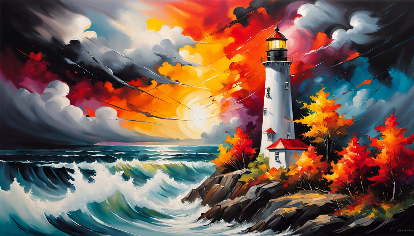 Whimsical Lighthouse Amidst Turbulent Stormy Seas