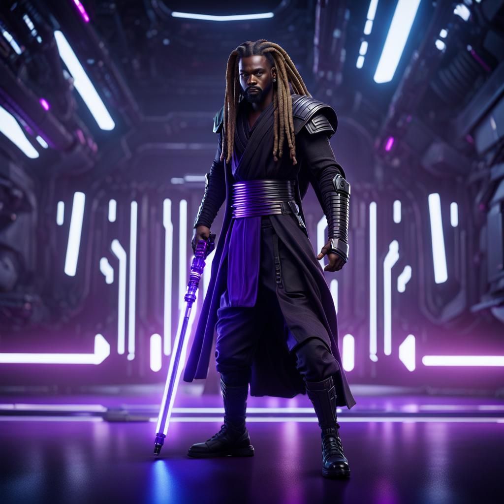 Futuristic Jedi Warrior with Purple Lightsaber