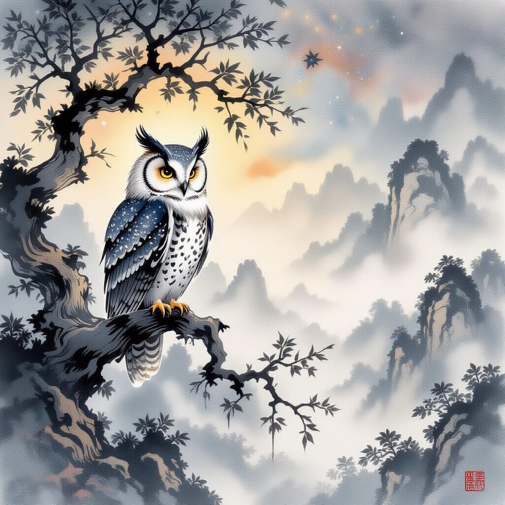 Wise Owl Dissolving into Nebulae in Chinese Watercolor Style