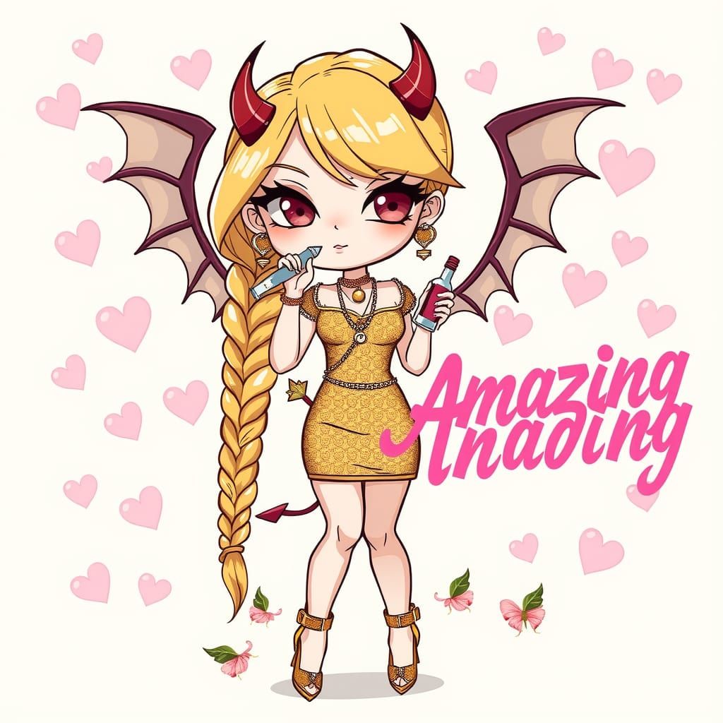 Chibi temptress with long blonde braids devil horns and wings holding vodka wearing Gucci and gold high heels blowing a ...