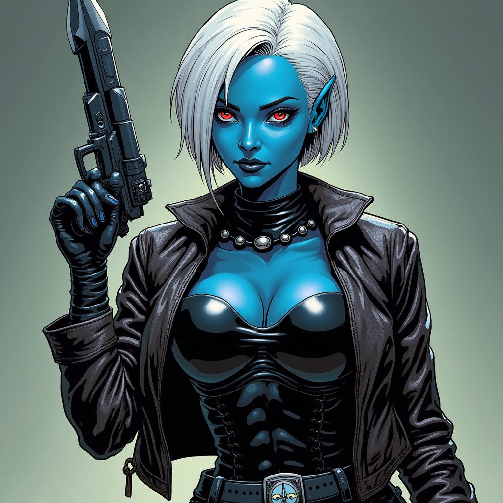 Blue Alien Woman with Blaster, Comic Book Art