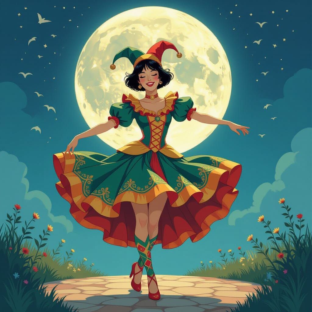Dancing Jester Woman Under Full Moon in Storybook Style
