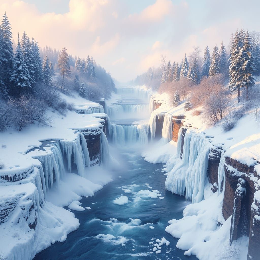 Frozen River of Cascading Waterfalls in Vibrant Winter Wonde...