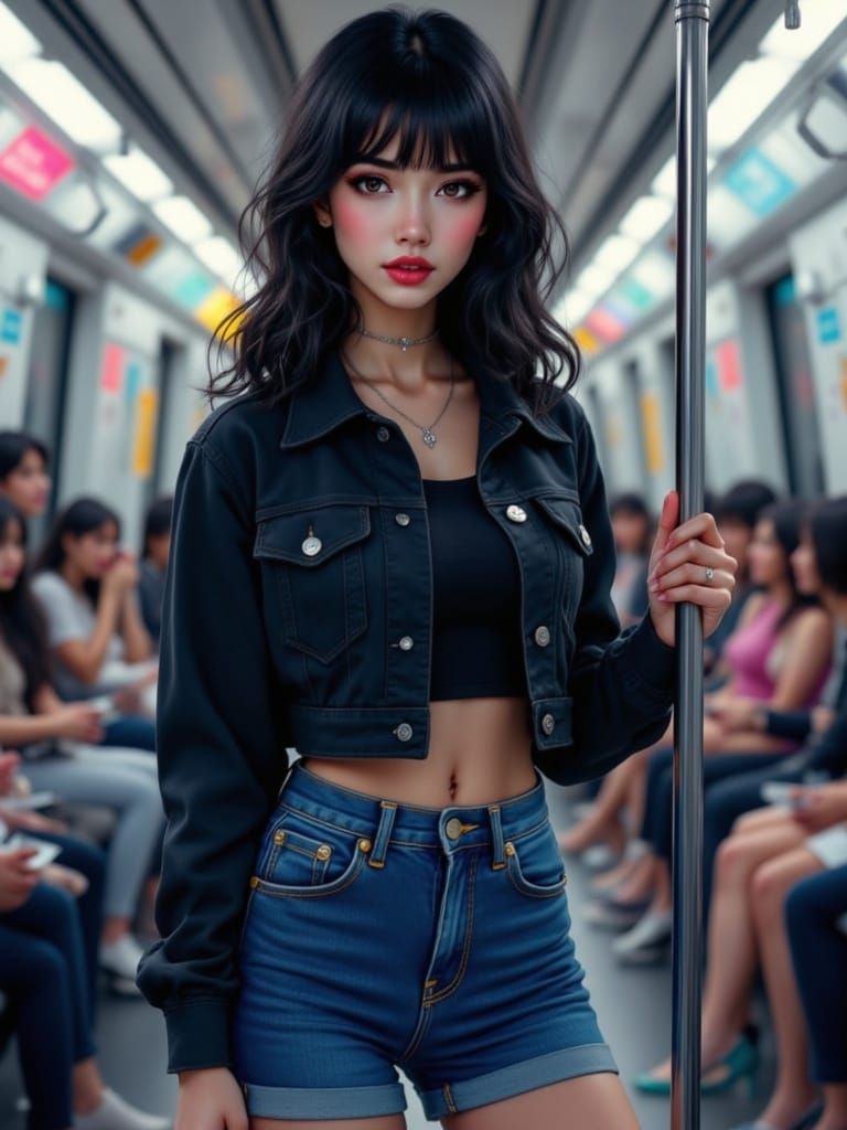 Confident Woman Illuminated in Subway Car