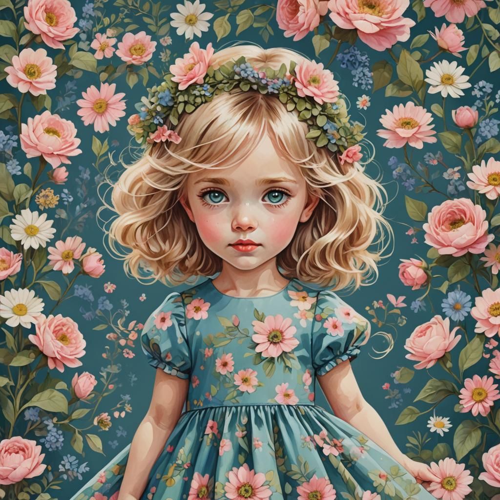 Beautiful Little Girl Portrait with Flowers, Watercolor Art