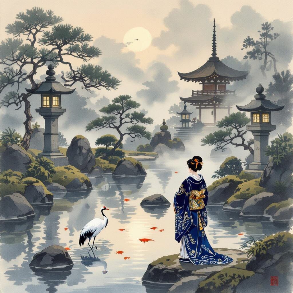 Serene Japanese Garden at Dawn with Crane in Ink Wash Style