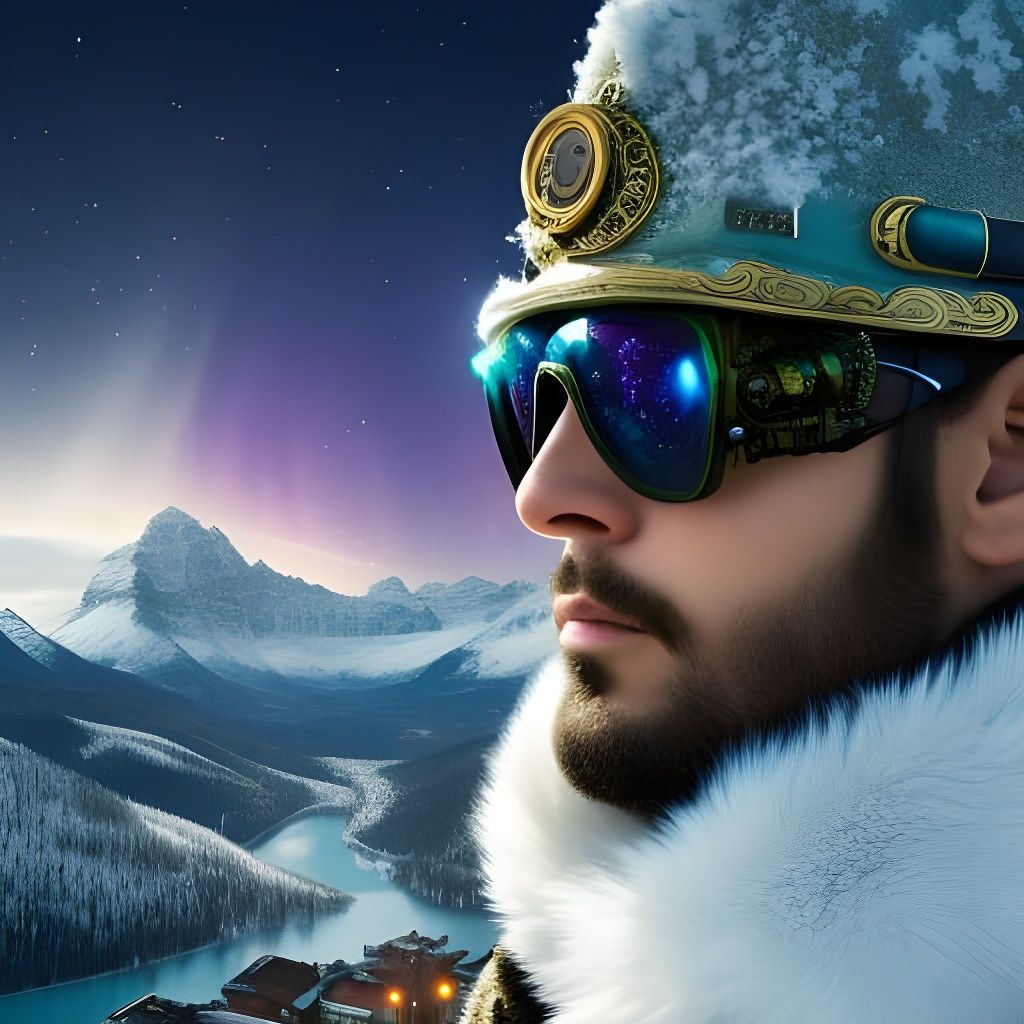 Steampunk Snow God in Aurora Icescape