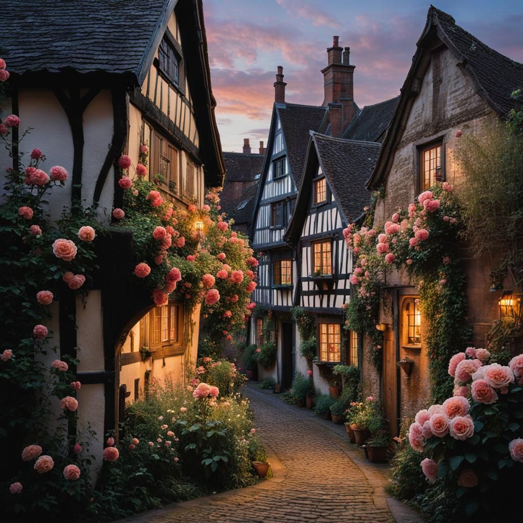 Cozy Rose-Covered Alley at Dusk