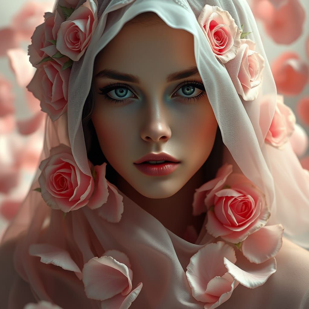 Ethereal Rose-Adorned Goddess in Hyper-Realistic Art Nouveau...
