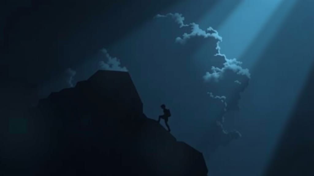 Anime-Style Figure Climbing Misty Hill