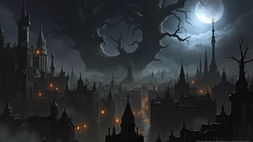 Ethereal Gothic Cityscape in Perpetual Mist