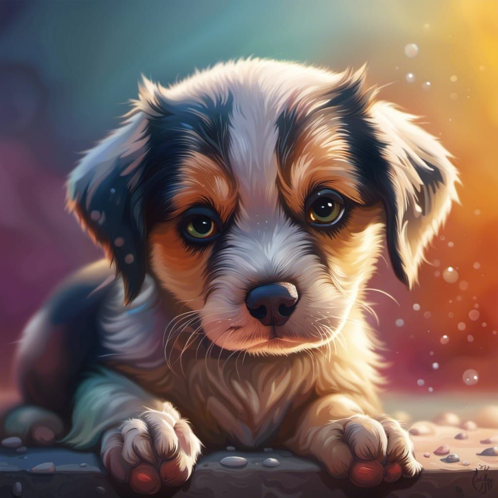 Adorable Sad Puppy in Hyperrealistic Splash Art
