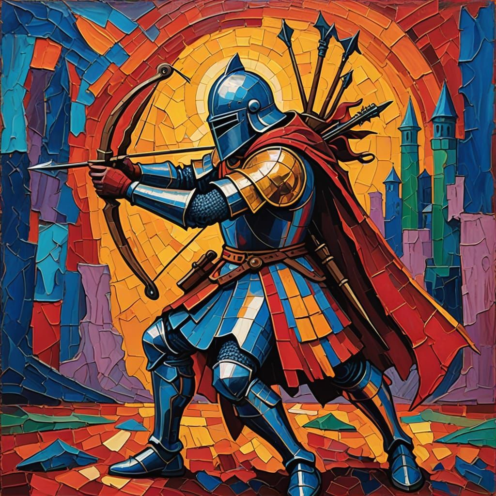 Art Brut Knight Shoots Crossbow at Cutlet in Vibrant Style