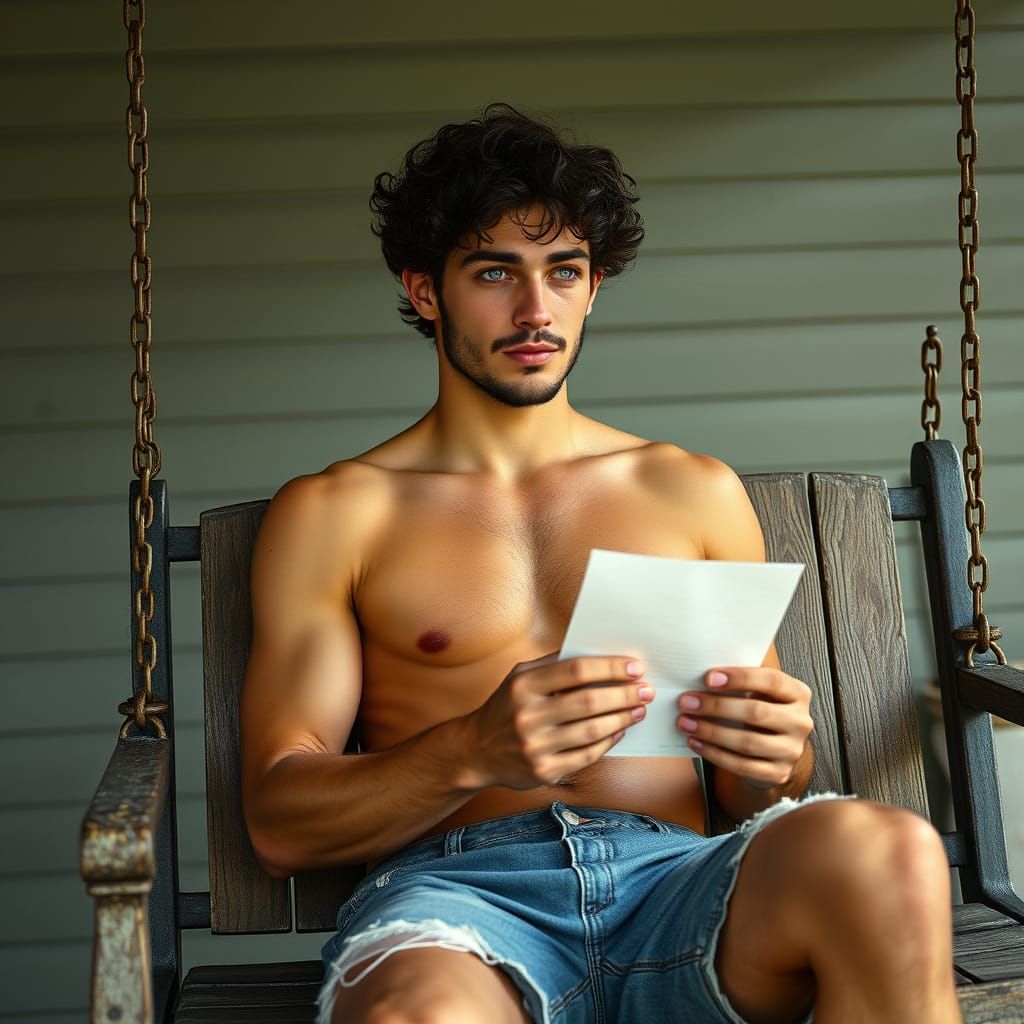 Young Man Contemplates Life on a Rustic Porch Swing