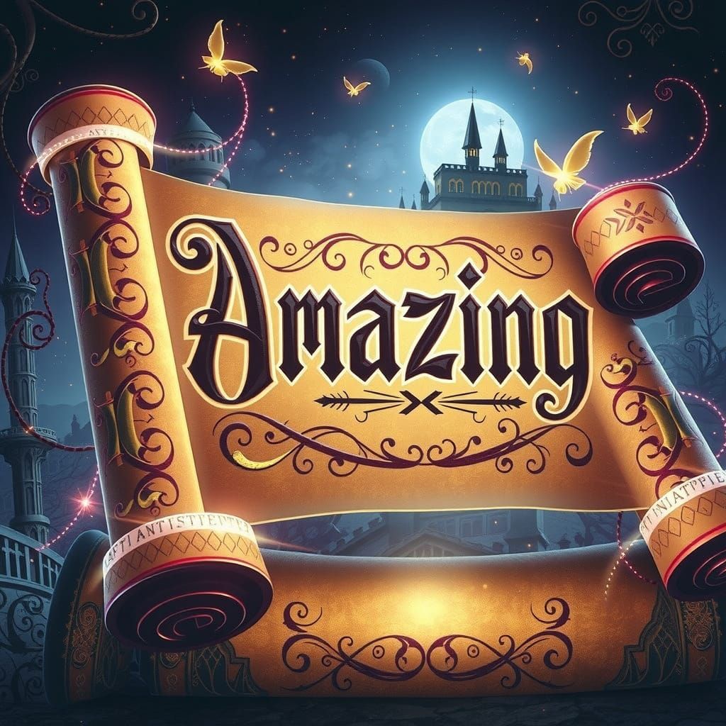 Fancy gold scroll with text that says AMAZING in medieval font