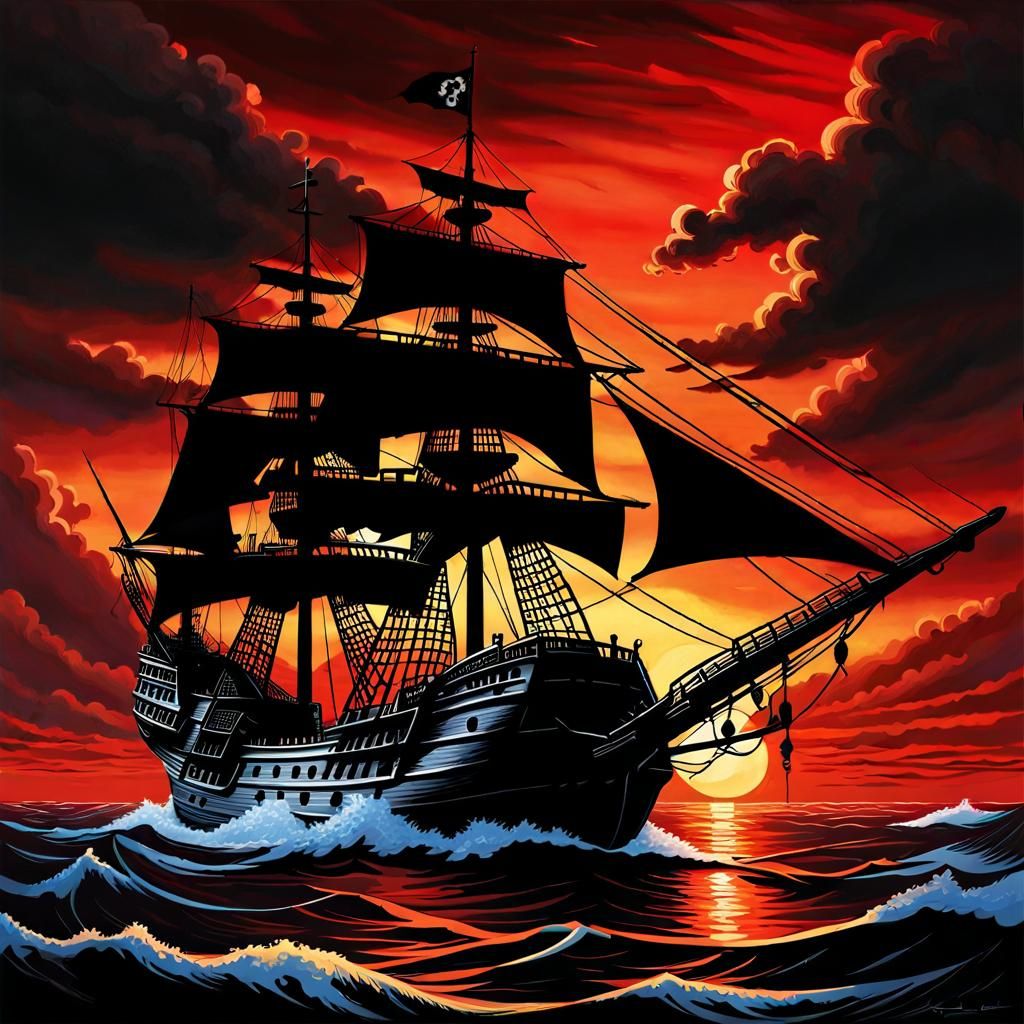 Pirate Ship at Sunset: Dark Fantasy Steampunk Art