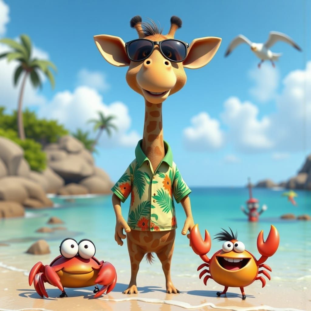 Giraffe and Friends: A Pixar-Style Beach Day