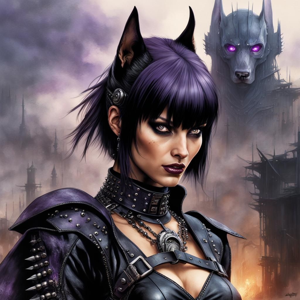 Hit-Girl with Doberman, Luis Royo Style Portrait