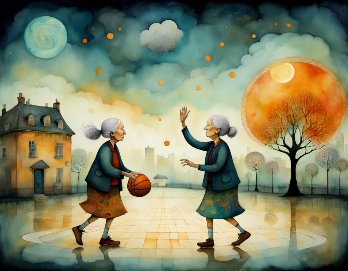 Grannies Playing Basketball in Dreamlike Watercolour Style