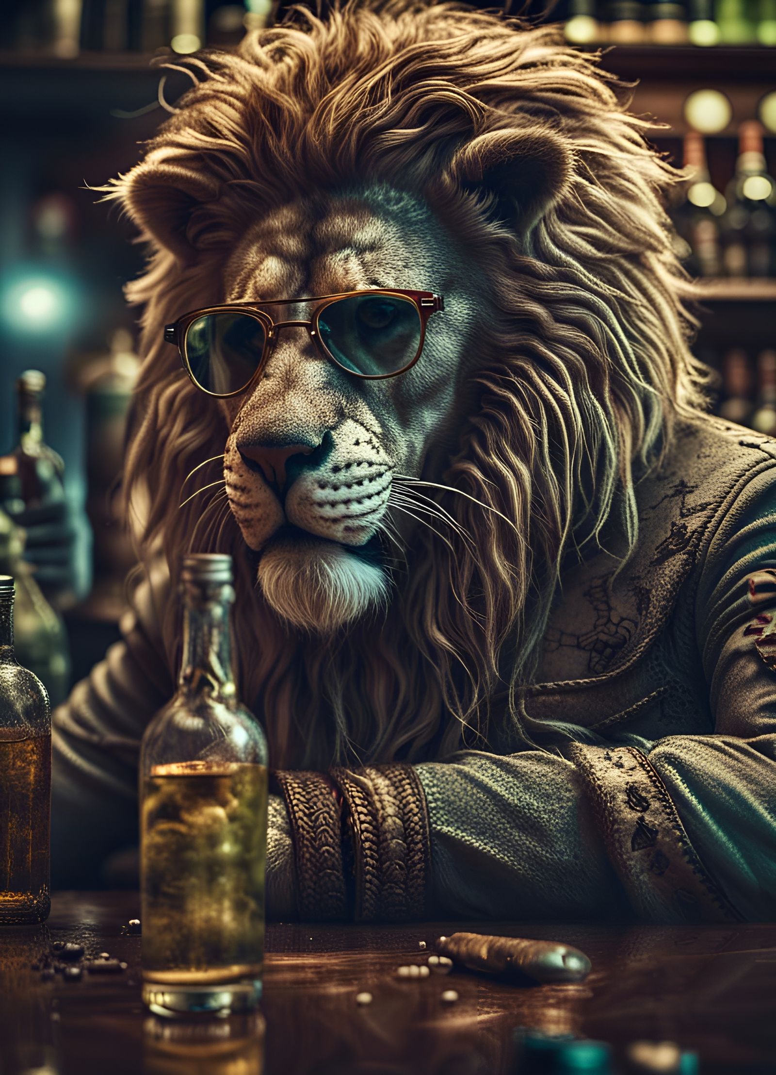Hipster Lion with glasses reflecting the environment