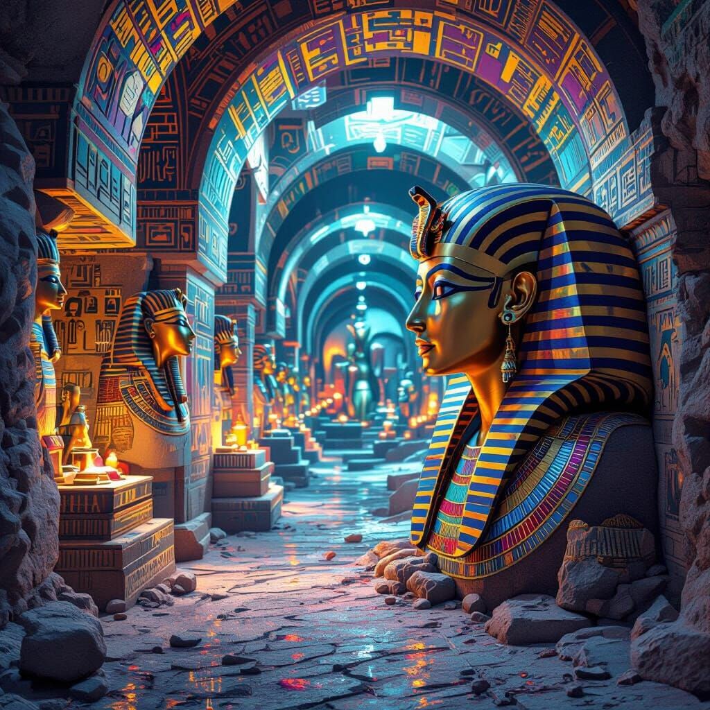 Egyptian Catacombs Interior with Iridescent Lighting