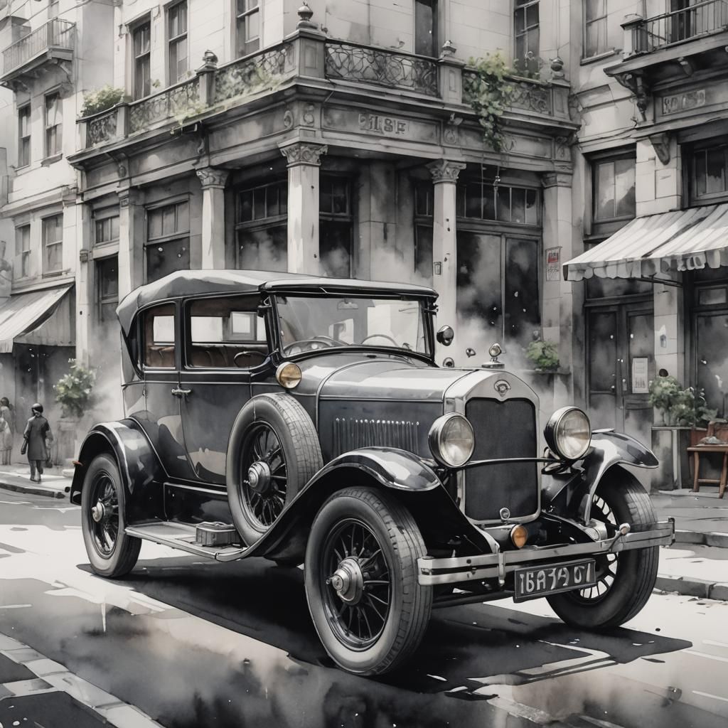 1920s Car in Watercolor Anime Style