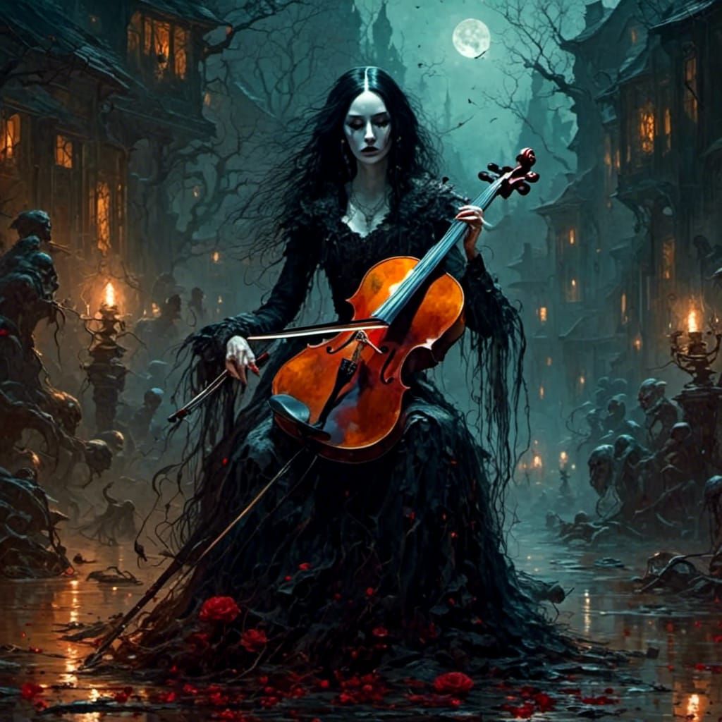 Morticia Addams Plays Cello Under Blood Moon
