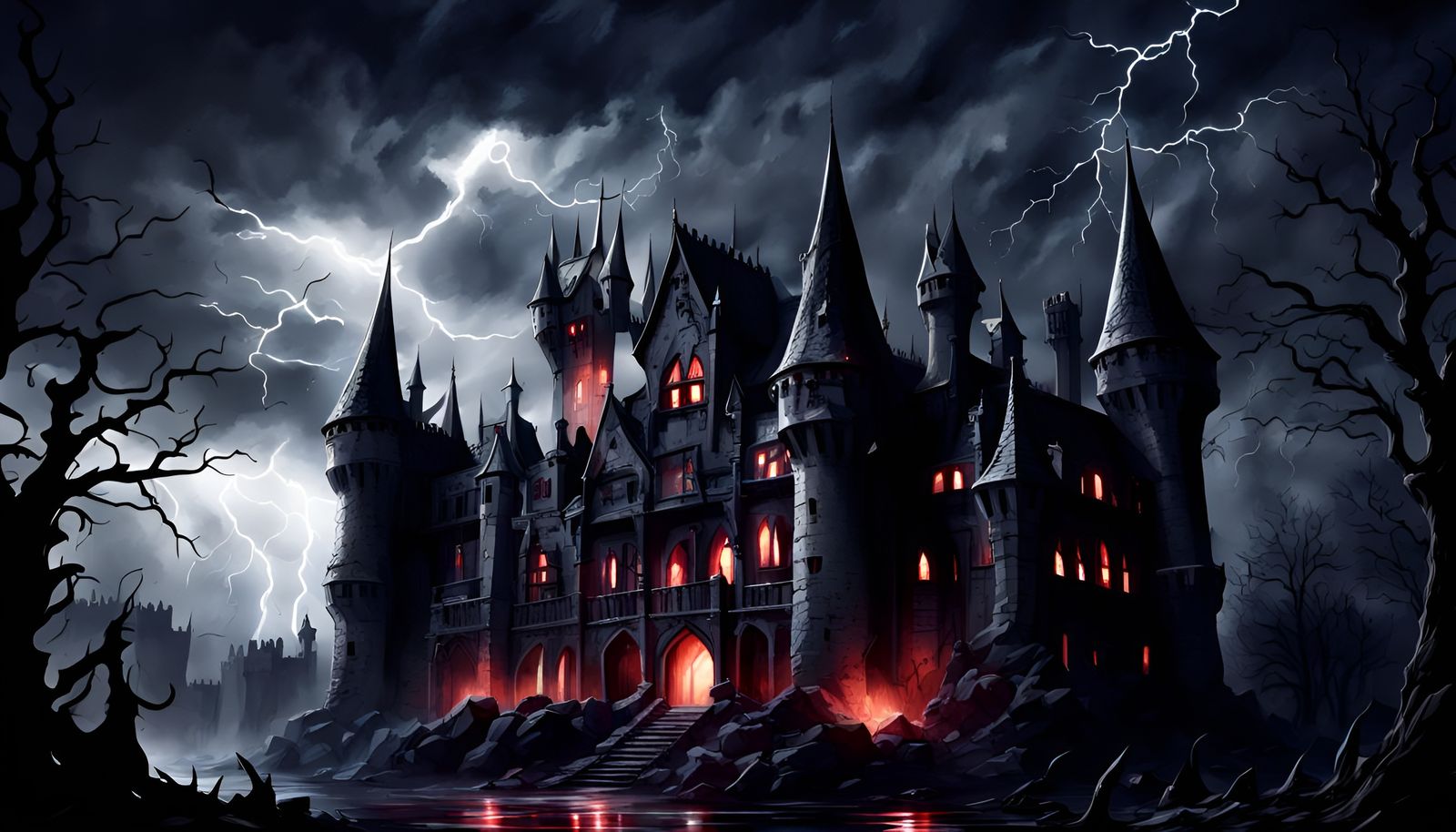 Scary Vampire Castle at Night with Lightning