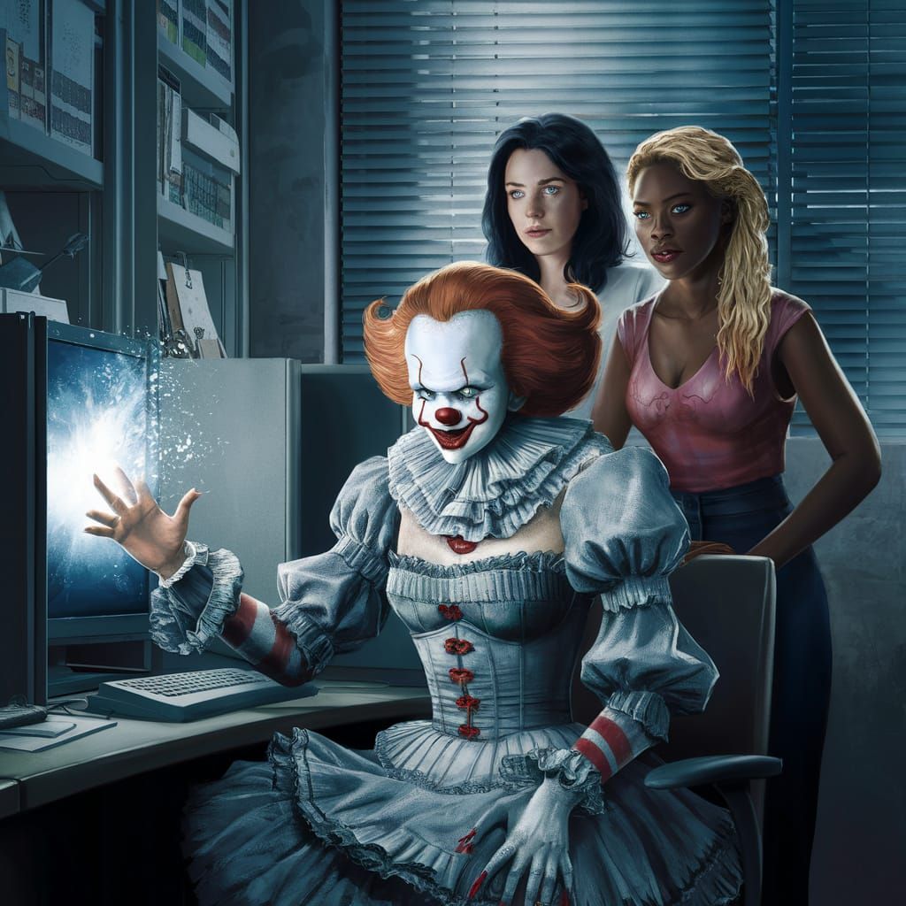 Female Pennywise Clown in Office Cubicle