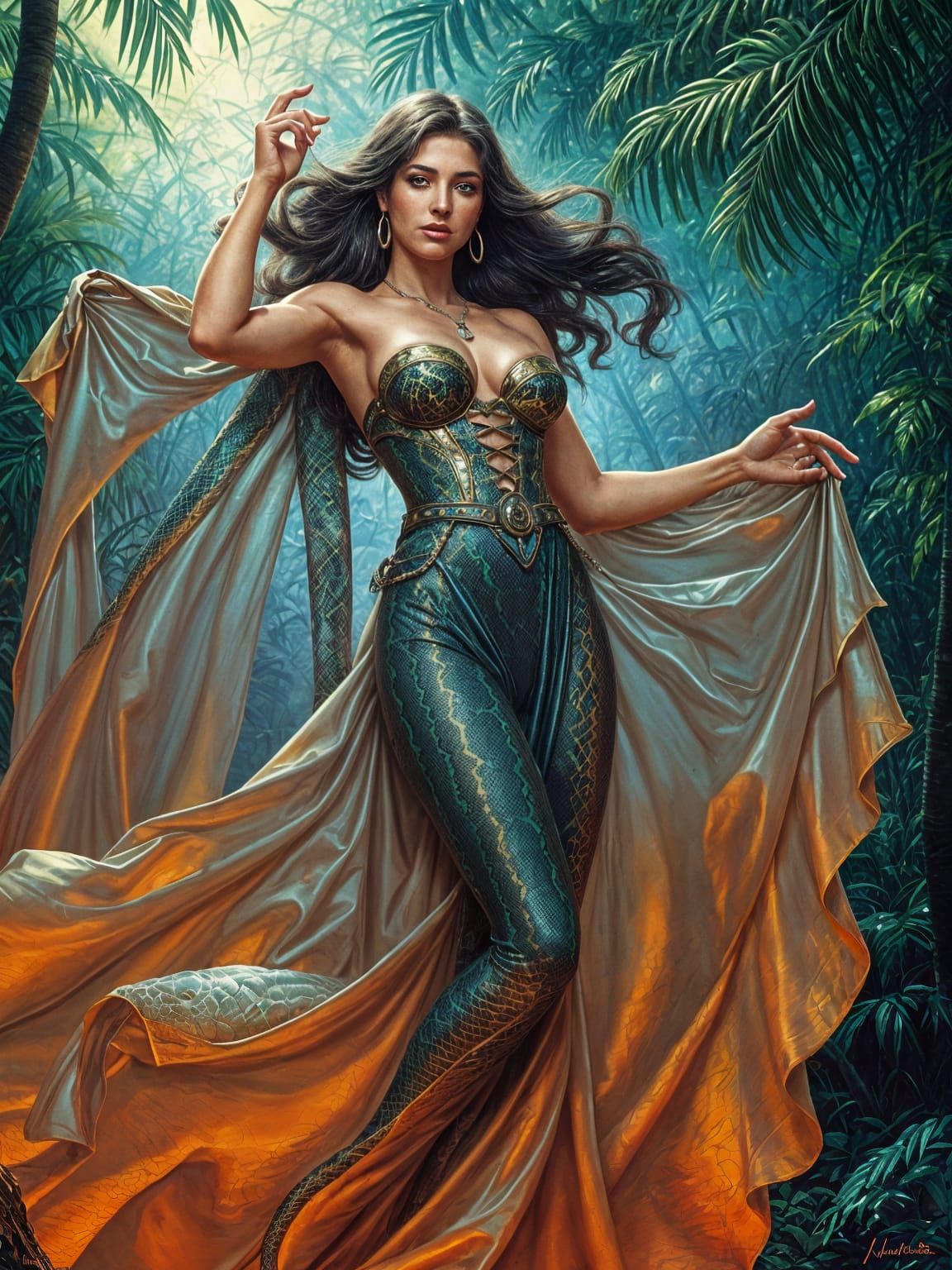 Woman with Iridescent Snake Skin in Luminous Jungle