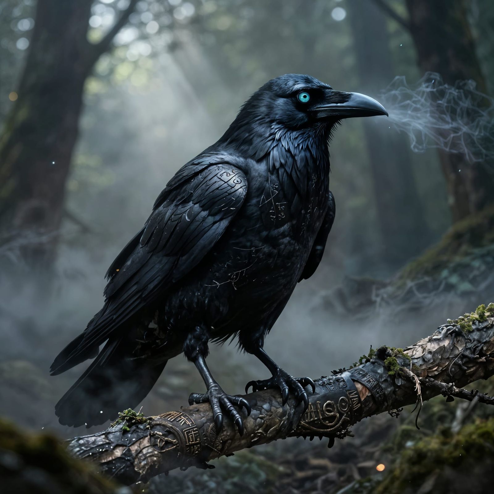 Dark Fantasy Raven in Misty Forest
