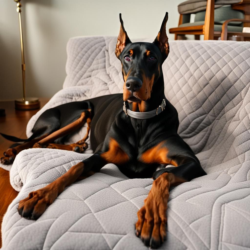 Relaxing Doberman on Quilted Blanket