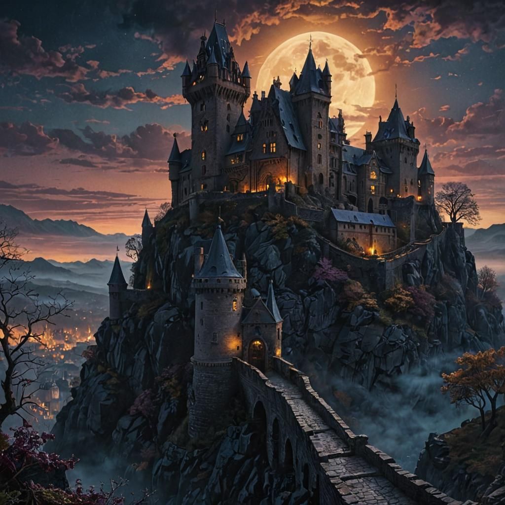 Guiding Light Over Frankenstein Castle in Dark Fantasy Art