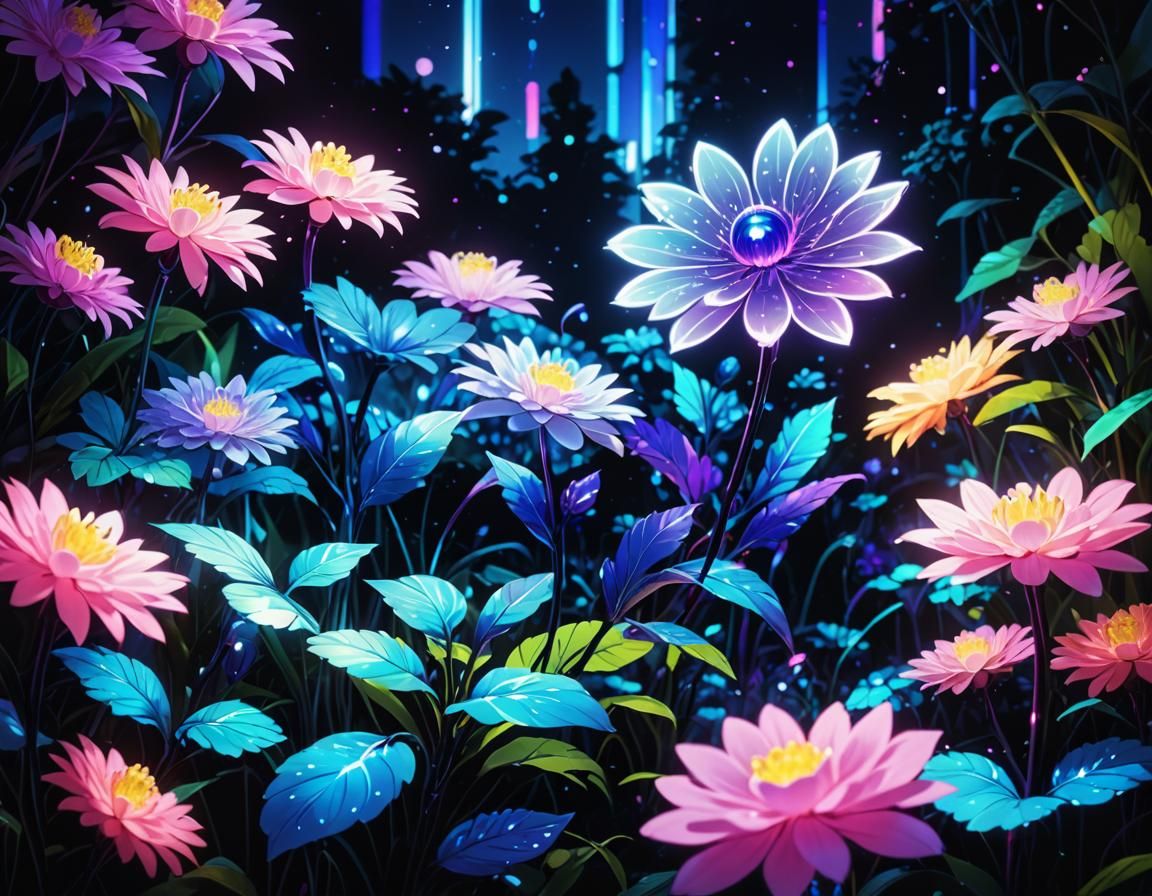 Neon Anime Flower in Futuristic Garden