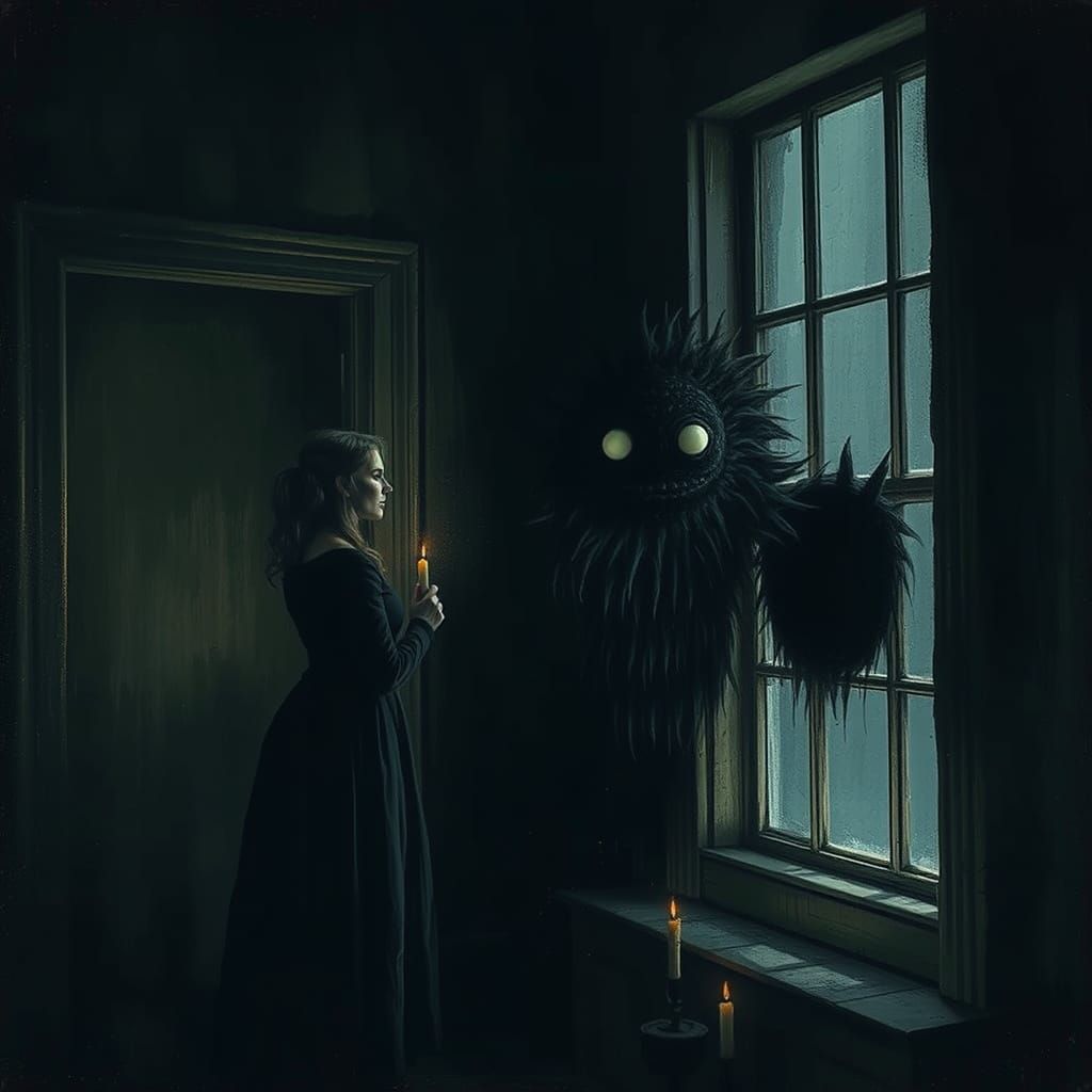 Woman Holds Candle Against Black Monster in Dark Room
