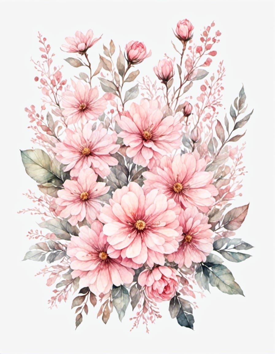 Watercolor Pink Flowers Clipart Arrangement