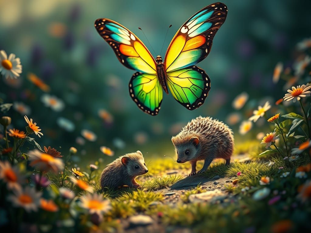 Vibrant Butterfly Guides Curious Hedgehog Along Enchanted Pa...