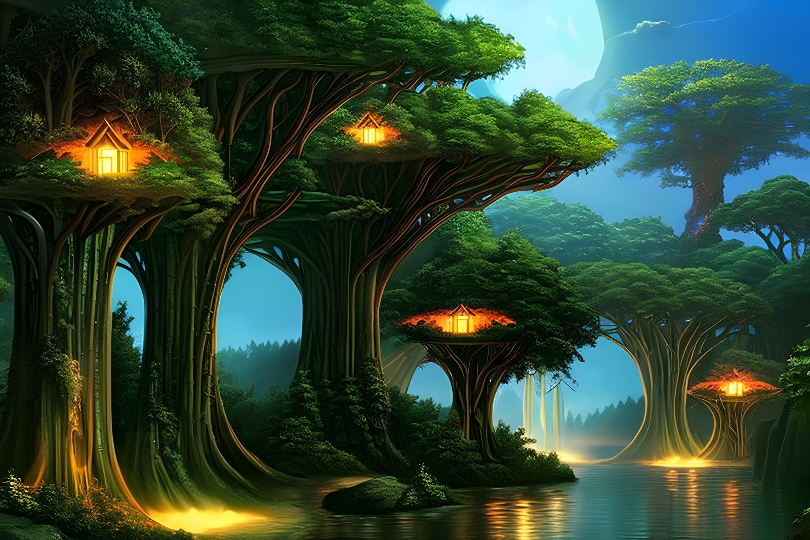 Enchanting Elven Tree City in Mystical Woods