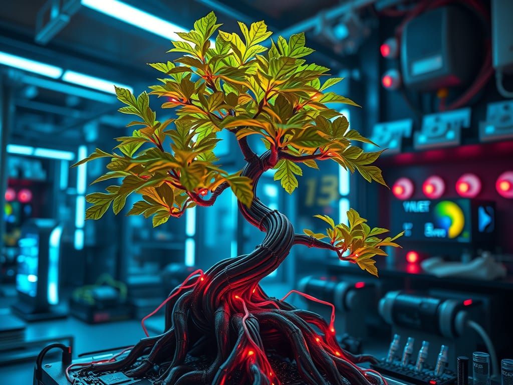 Cybernetic Bonsai Tree with Neon Leaves as Digital Art