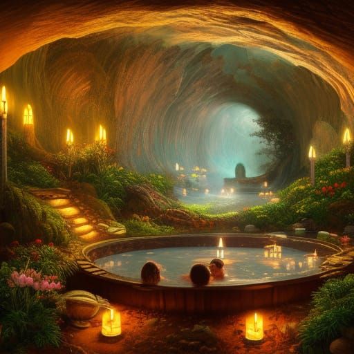 Otherworldly Hot Spring Cavern with Lush Plants