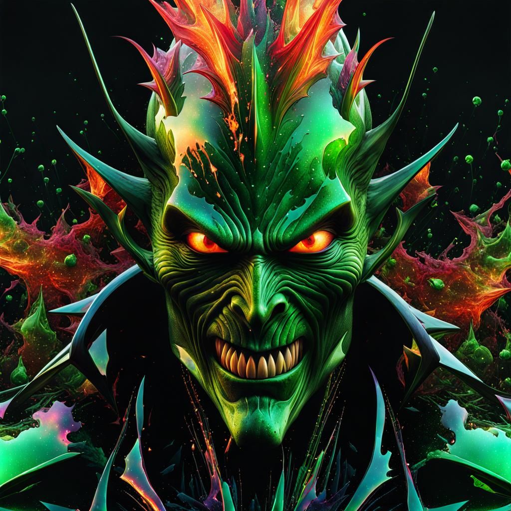 Evil Green Goblin Double Exposure in Watercolor Style