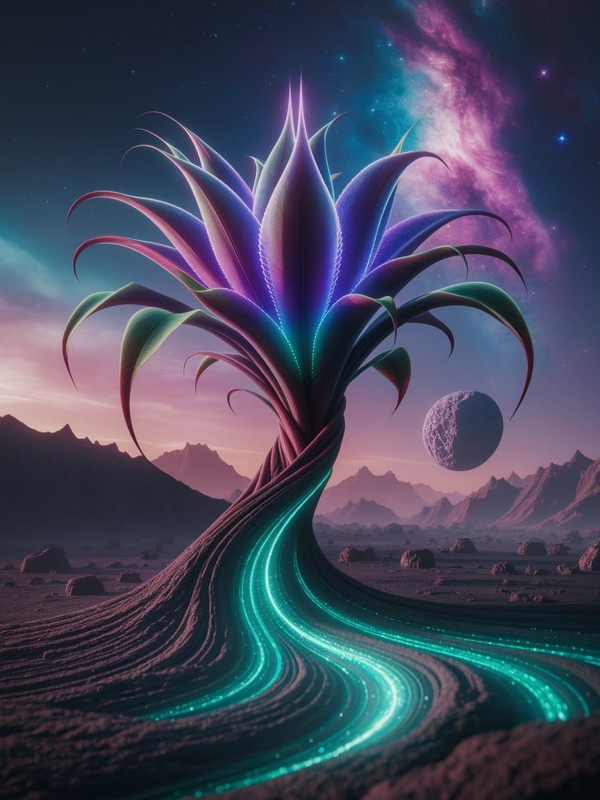 Bioluminescent Alien Plant Blooms Under Nebula Sky