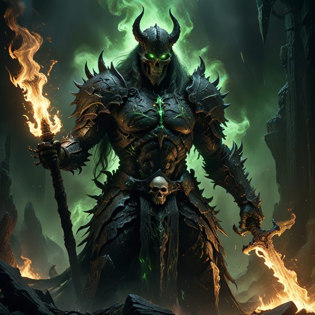Menacing Deathknight in Jagged Armor with Necrotic Flames