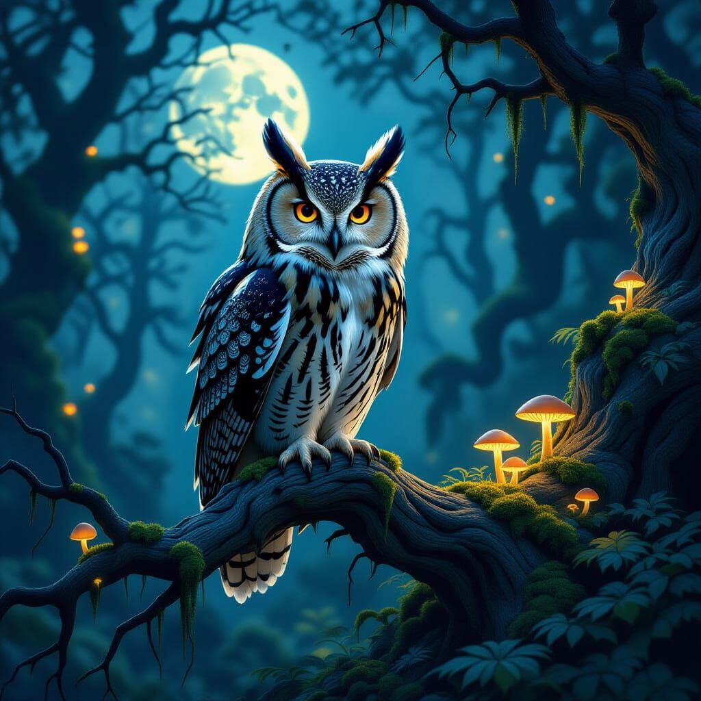 Majestic Rune Owl on Bioluminescent Branch in Twilight Fores...