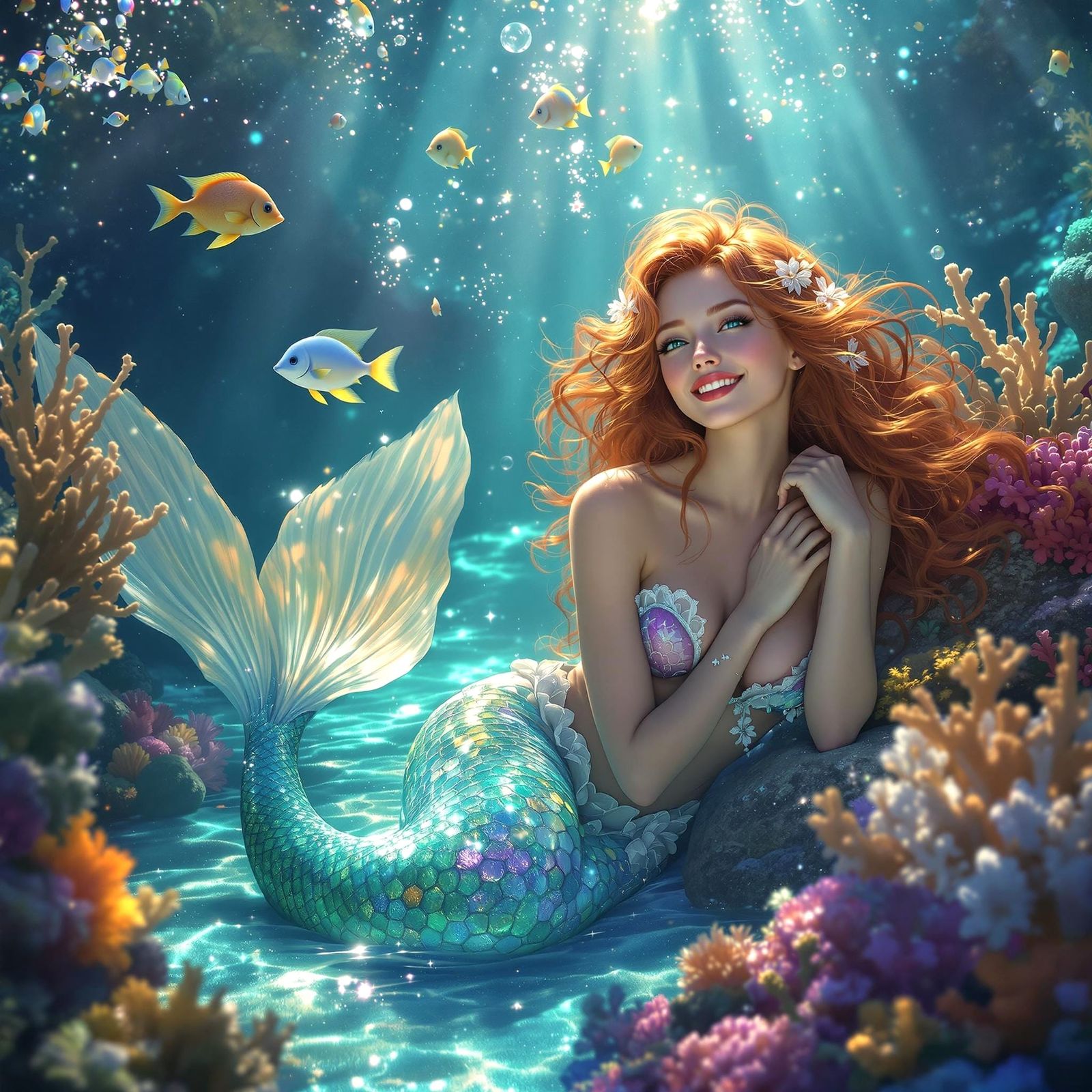 Ethereal Mermaid in Vibrant Coral Reef Scene