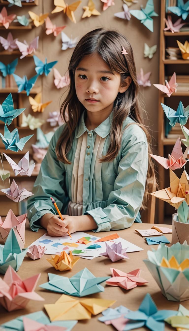 Watercolor Portrait of Origami Girl with Stationery