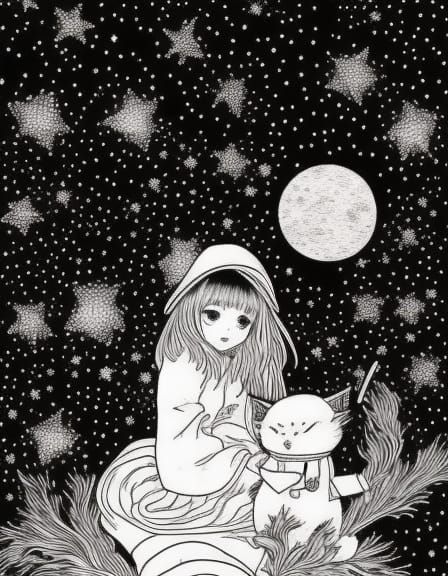 Whimsical Witch Rides Broom in Starry Ink Art